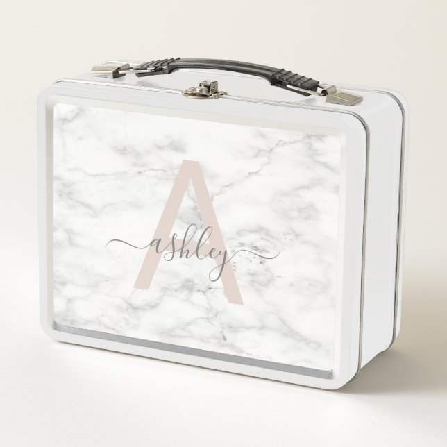 Chic Blush Pink White Marble Script Name Monogram Metall Brotdose (Vorderseite)