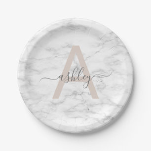 Chic Blush Pink White Marble Script Name Monogram Pappteller