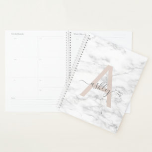 Chic Blush Pink White Marble Script Name Monogram Planer