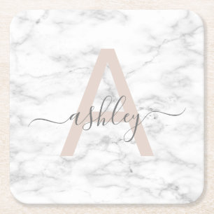 Chic Blush Pink White Marble Script Name Monogram Rechteckiger Pappuntersetzer