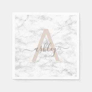 Chic Blush Pink White Marble Script Name Monogram Serviette