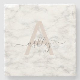 Chic Blush Pink White Marble Script Name Monogram Steinuntersetzer