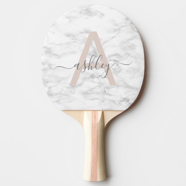 Chic Blush Pink White Marble Script Name Monogram Tischtennis Schläger (Vorderseite)