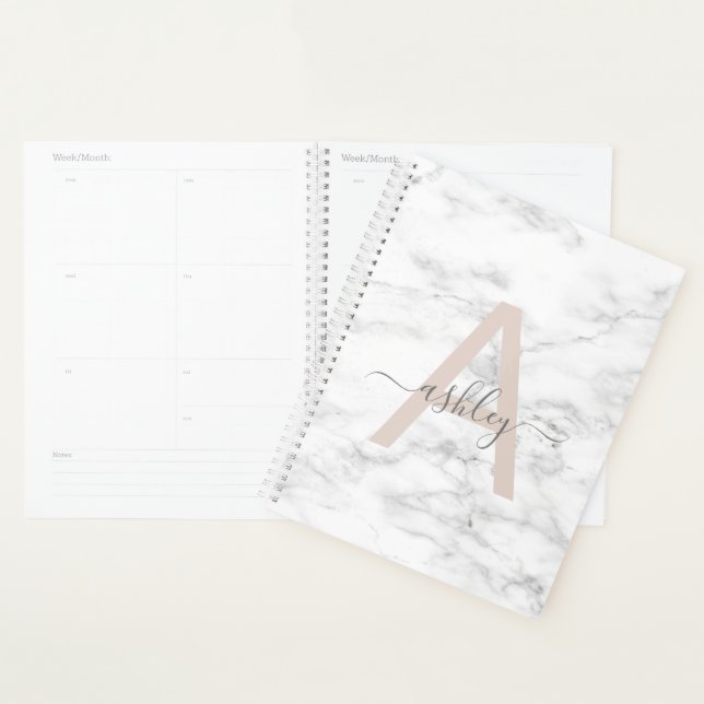 Chic Blush Pink White Marble Script Nom monogram (Devant avec enveloppe)