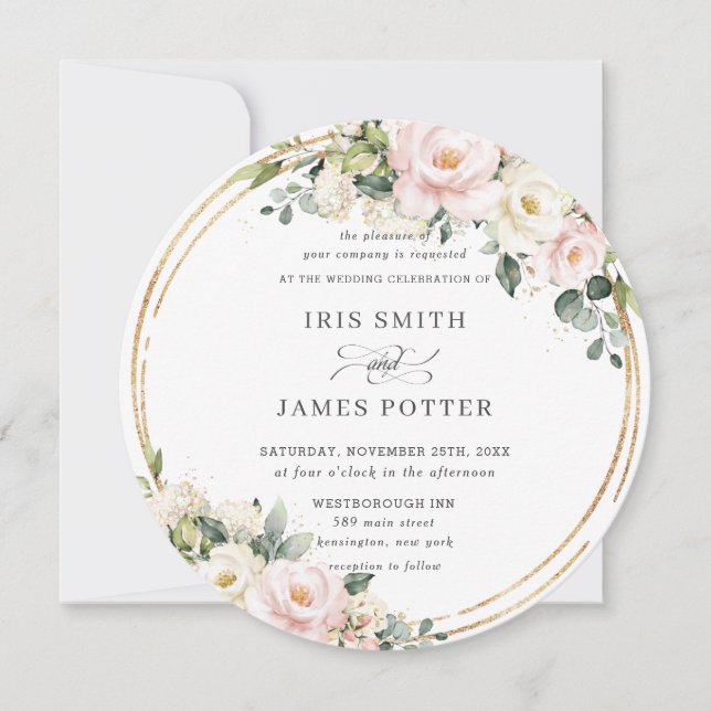 Chic Blush Rosa Elfenbeinblume Goldgrün Hochzeit Einladung (Vorderseite)