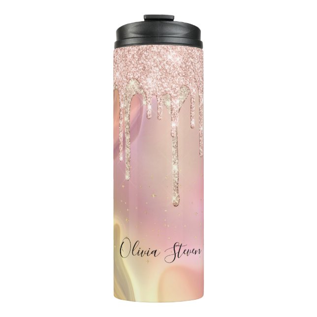 Chic Blush Rose Einhorn Tropf Glitzer Monogramm Thermosbecher (Vorderseite)