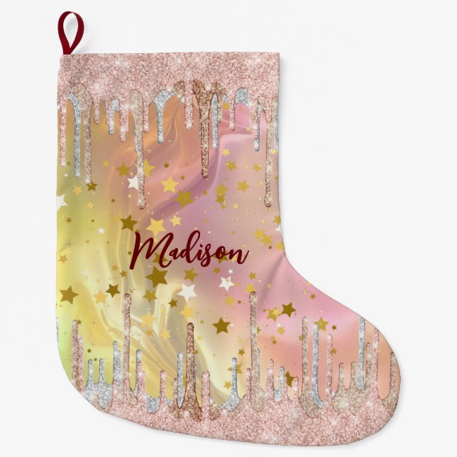 Chic Blush Rose Einhorn Tropfende Glitzer Großer Weihnachtsstrumpf (Vorderseite)