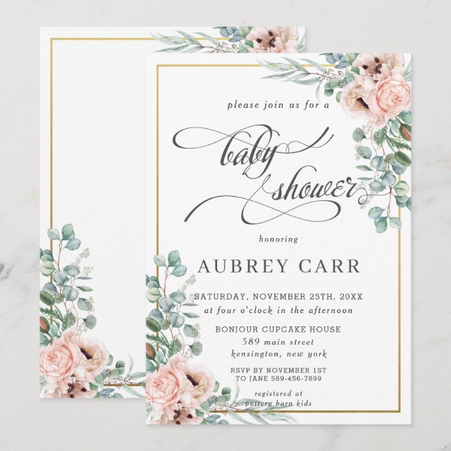 Chic Blush Rose Floral Baby Shower Geometric Einladung (Vorne/Hinten)