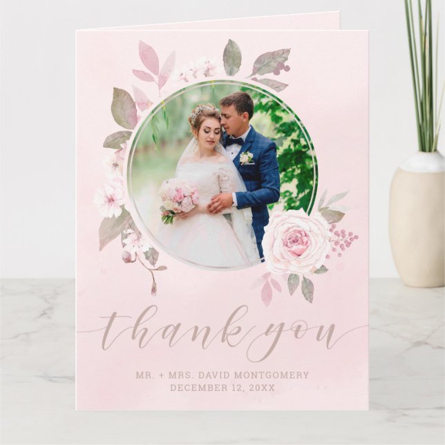 Chic Blush Rose Floral Mariage Merci photo (Devant)