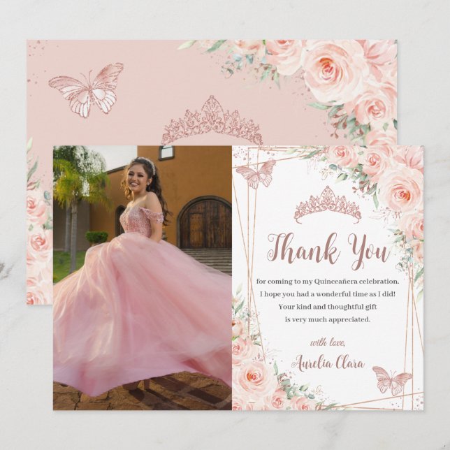 Chic Blush Rose Gold Butterfly Quinceñera Dankeskarte (Vorne/Hinten)