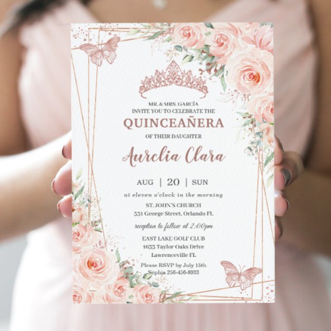 Chic Blush Rose Gold Butterfly Quinceñera Einladung (Von Creator hochgeladen)