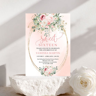 Chic Blush Roses Greenery Sweet Sixteen Invite Einladung