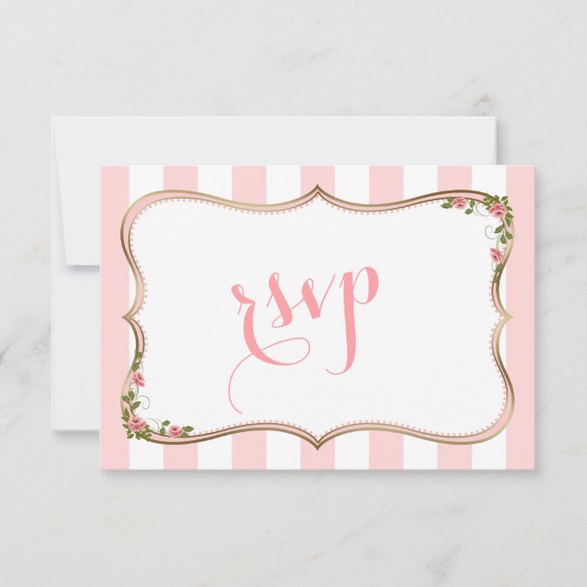Chic Blush Stripes Gold Blumenzange RSVP Karte (Vorderseite)