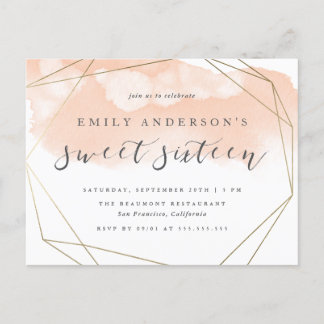 Chic Blush Wassercolor Goldenes Sweet 16 Einladungspostkarte