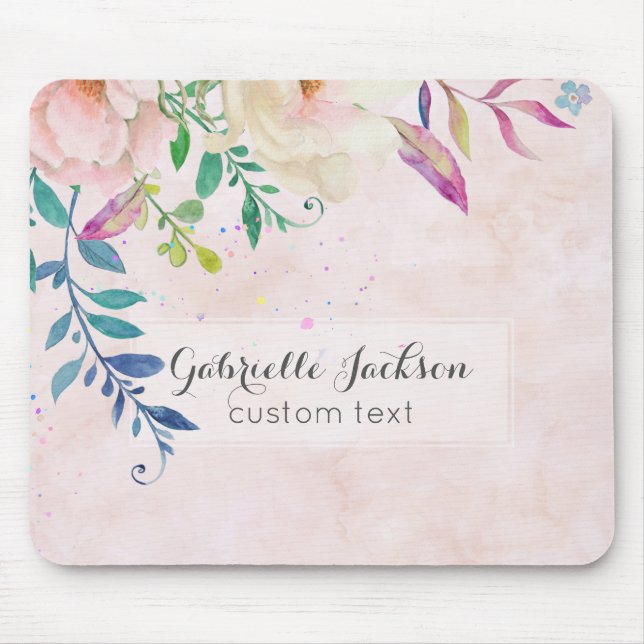 Chic Blush Wasserfarben Floral Monogram Custom Tex Mousepad (Vorne)