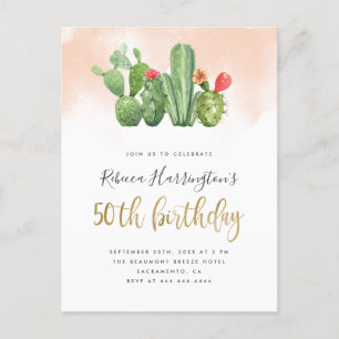 Chic Blush Watercolor & Cactus 50. Geburtstag Einladungspostkarte