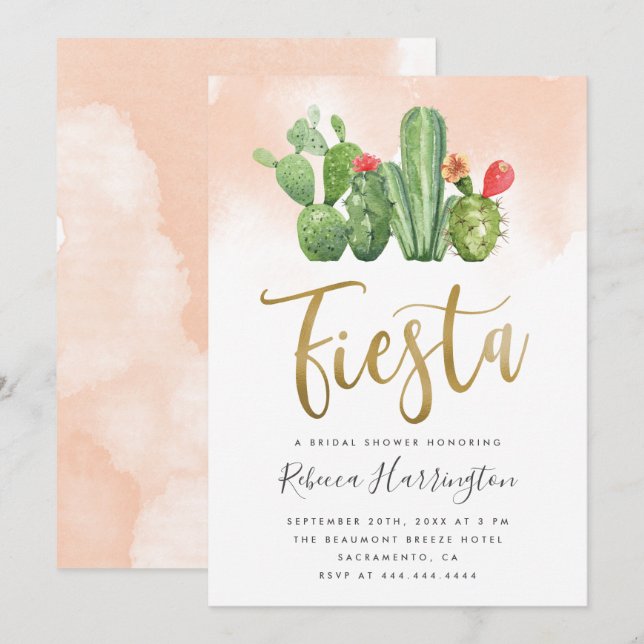 Chic Blush Watercolor Cactus Fiesta Brautparty Einladung (Vorne/Hinten)