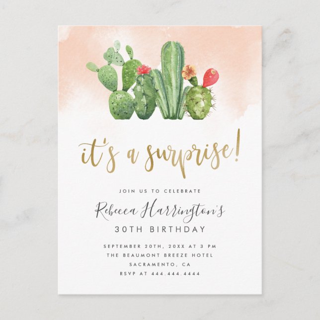 Chic Blush Watercolor & Cactus Surprise Party Einladungspostkarte (Vorderseite)