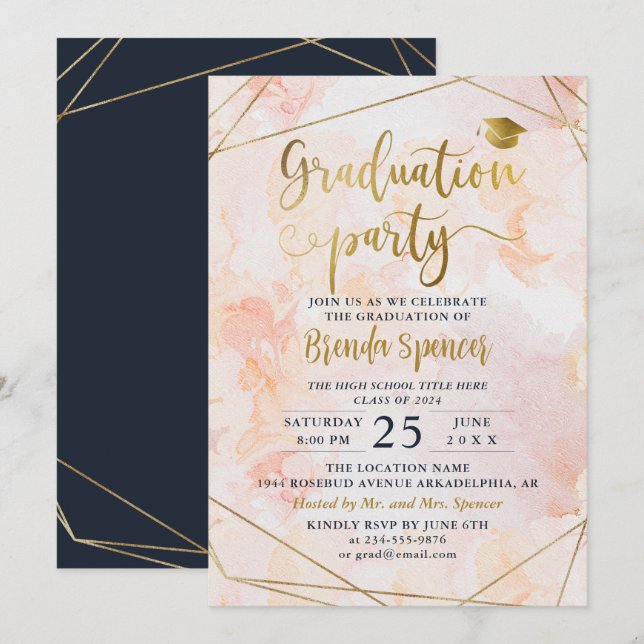 Chic Blush Watercolor Goldener geometrischer Absch Einladung (Vorne/Hinten)