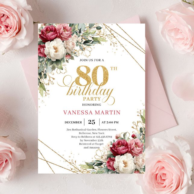 Chic Blush White Greenery 80th Birthday Invite Einladung (Chic Blush White Greenery 80th Birthday Invite)