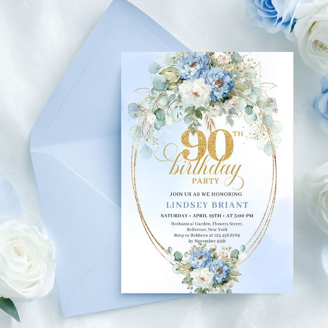 Chic Bohemian Blue Flowers 90th Birthday Invite Einladung (Chic Bohemian Blue Flowers 90th Birthday Invite)