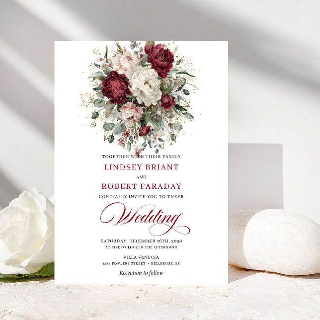 Chic Bohemian Burgundy White Floral Greenery Weddi Einladung (Chic Bohemian Burgundy White Floral Greenery Wedding Invite)