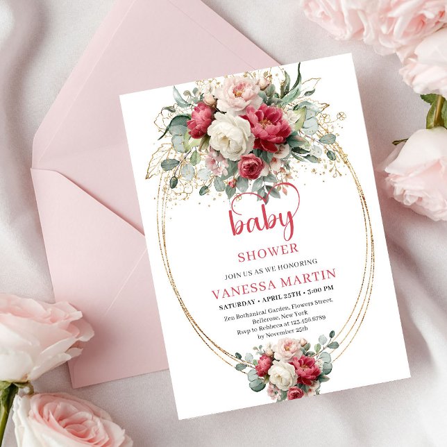 Chic Bohemian Ruby Red White Gold Floral Baby Einladung (Chic Bohemian Ruby Red White Gold Floral Baby Invite)