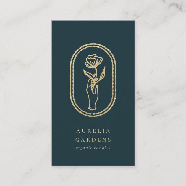 Chic Bohemische Golden Floral Logo Business Card Visitenkarte (Vorderseite)