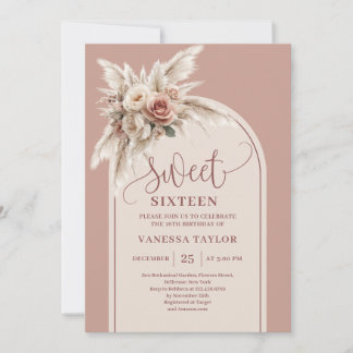 Chic Boho Arch Dusty Rose Pampas Floral Sweet 16 Einladung