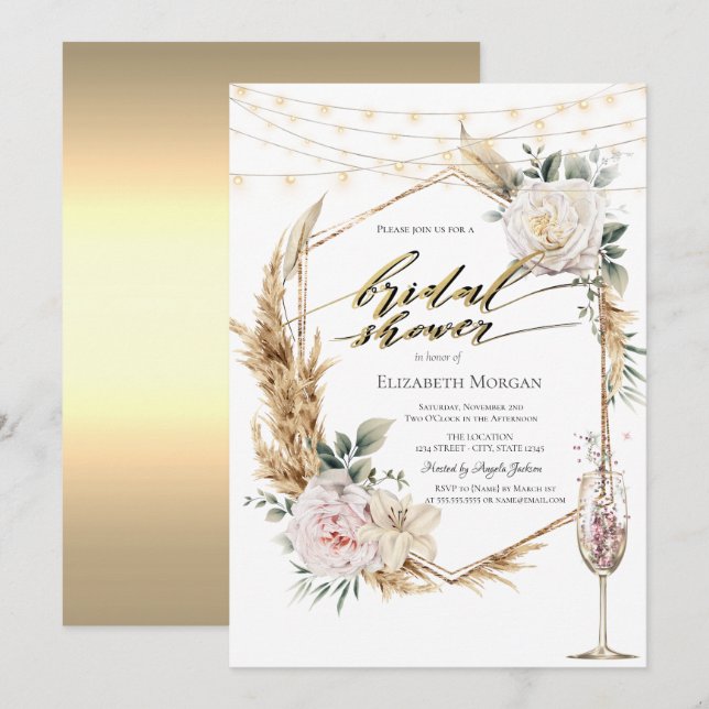 Chic Boho Blume Rose Gold Brautparty Einladung (Vorne/Hinten)