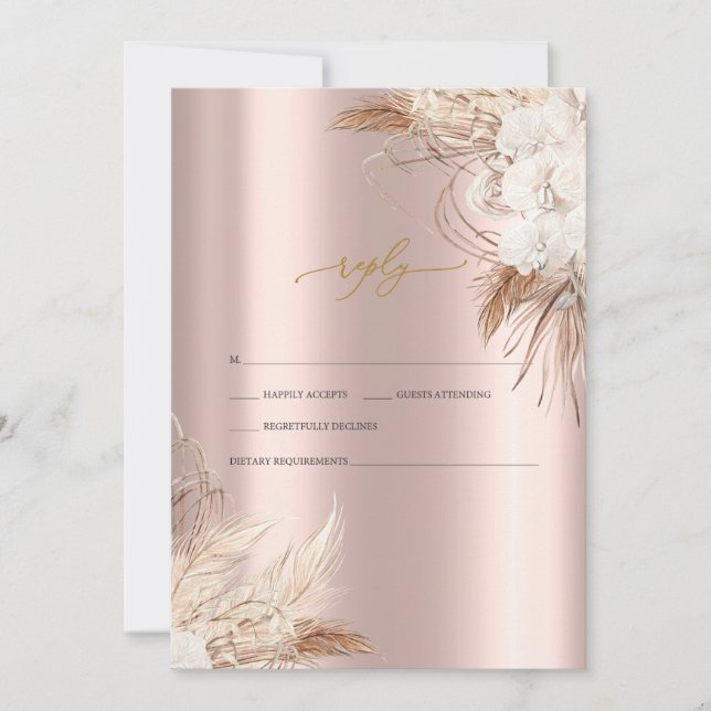 Chic Boho Blume Rose Gold Wedding RSVP Einladung (Vorderseite)