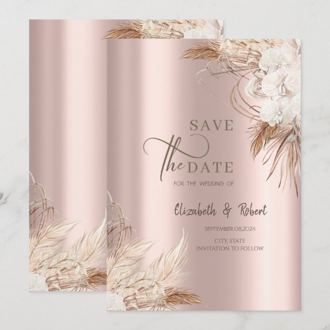 Chic Boho Blume Rose Gold Wedding Save the Date (Vorne/Hinten)