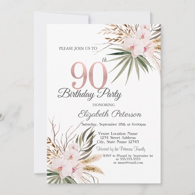 Chic Boho Blumen 90. Geburtstag Einladung (Vorderseite)
