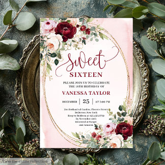 Chic Boho Blush Burgundy Rose Sweet 16 Invitation Einladung