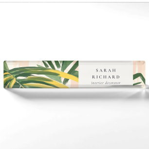 Chic Boho Blush Green Tropical Palm Blätter Strand Namensplakette