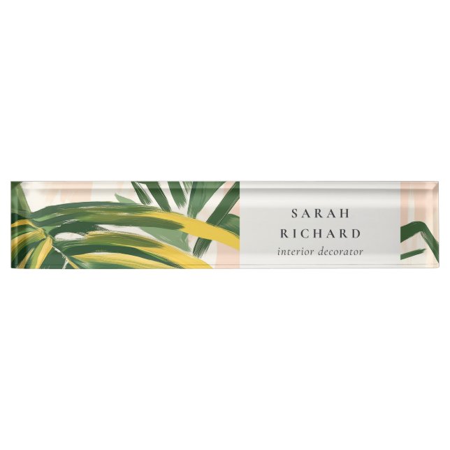 Chic Boho Blush Green Tropical Palm Blätter Strand Namensplakette (Vorderseite)