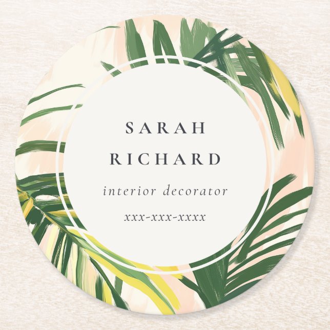 Chic Boho Blush Green Tropical Palm Blätter Strand Runder Pappuntersetzer (Vorderseite)