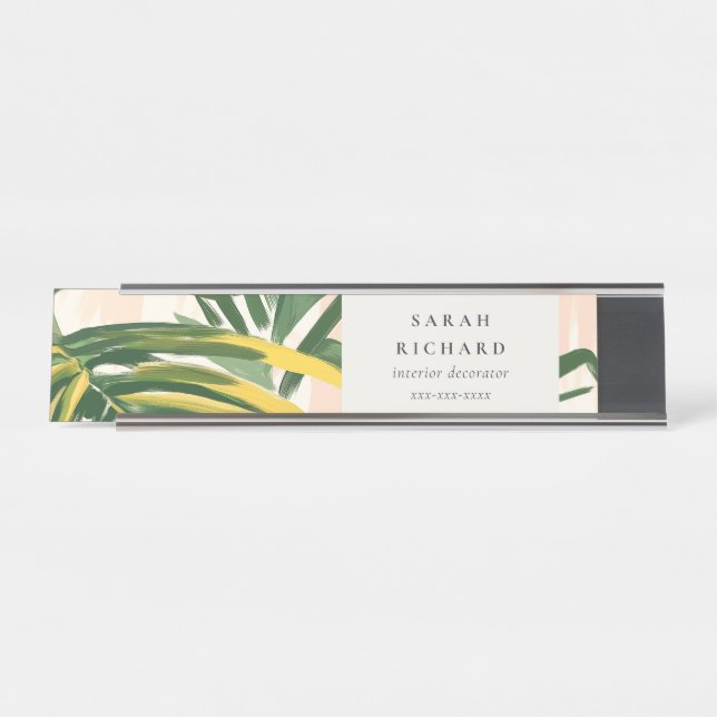 Chic Boho Blush Green Tropical Palm Blätter Strand Schreibtischnamensplakette (Vorderseite )