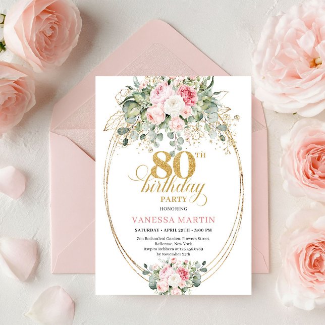 Chic Boho Blush Roses 80th Birthday Invitation   (Chic Boho Blush Roses 80th Birthday Invitation Print

)