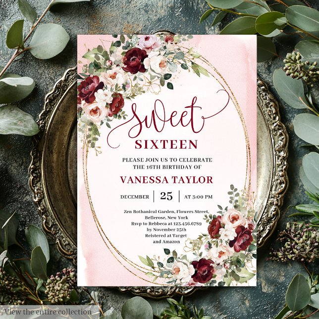 Chic Boho Burgundy Blush Floral Gold Sweet Sixteen Einladung (Chic Boho Burgundy Blush Floral Gold Sweet Sixteen Invitation)