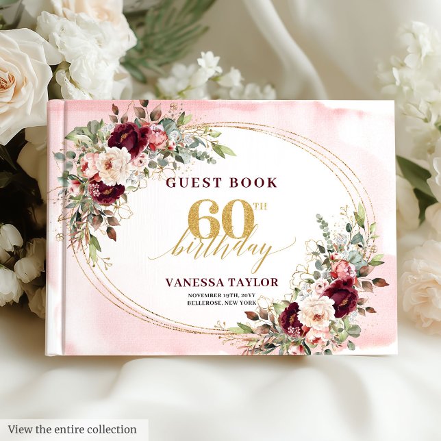 Chic Boho Burgundy Gold Roses 60th Birthday Book Gästebuch (Chic Boho Burgundy Gold Roses 60th Birthday)