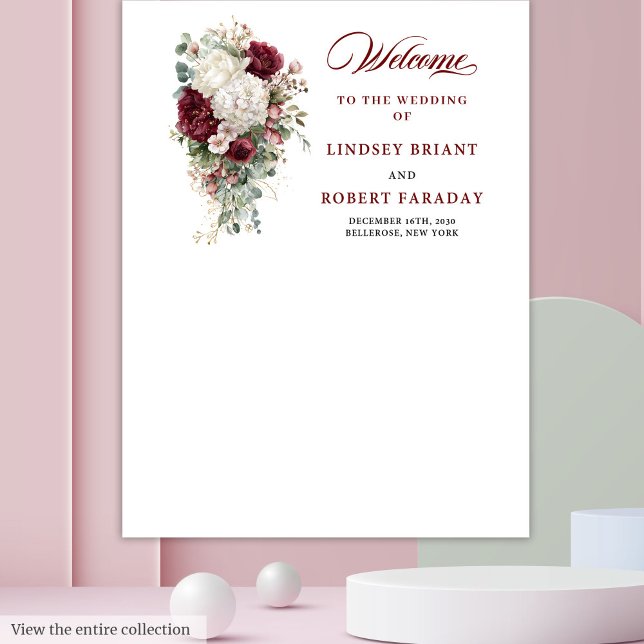 Chic Boho Burgundy White Wedding Background Poster Wandteppich (Chic Boho Burgundy White Wedding Backdrop Poster)