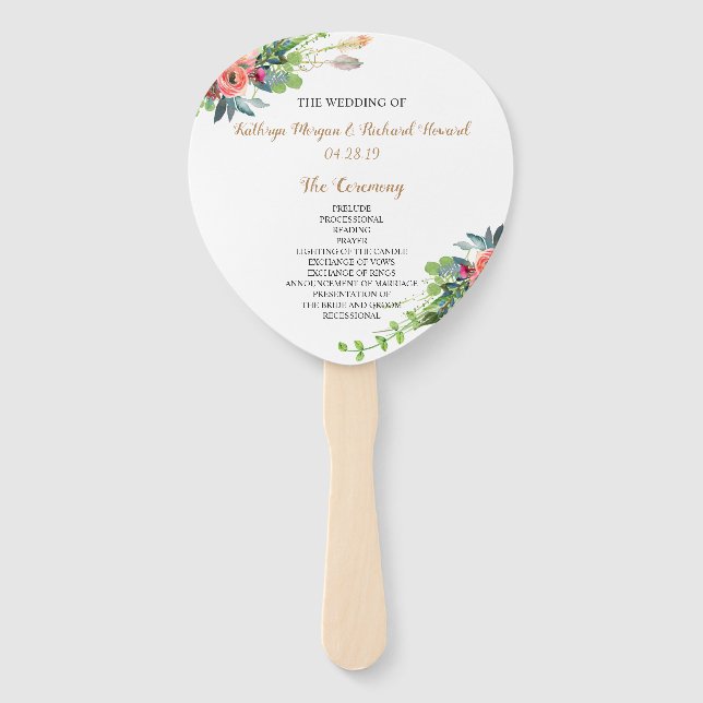 Chic Boho Country Floral Wedding Program Hand Fan Fächer (Vorderseite)