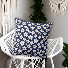 Chic Boho Daisies Bleu foncé Motif Jeter Oreiller
