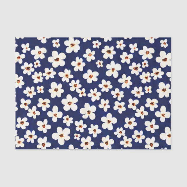 Chic Boho Daisies Dark Blue Pattern Seidenpapier (Vorderseite)