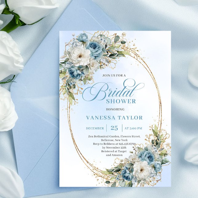 Chic Boho Dusty Blue Greenery Floral Bridal Shower Einladung (Chic Dusty Blue Greenery Floral Bridal Shower Invitation)