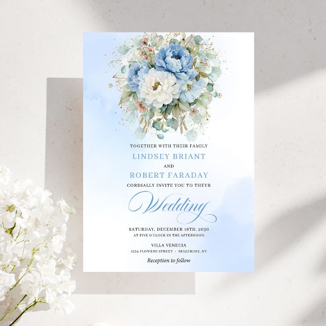 Chic Boho Dusty Blue Peony Gold Wedding Invitation (Chic Boho Dusty Blue Peony Gold Wedding Invitation)