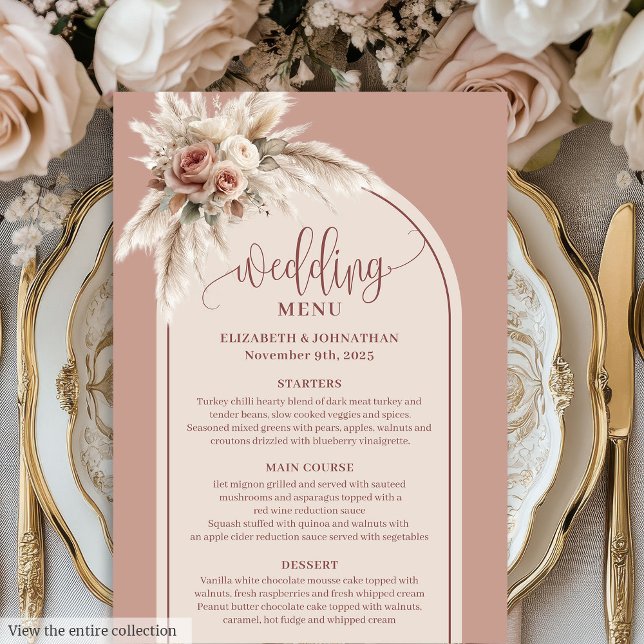 Chic Boho Dusty Pink Pampas Floral Wedding Menu Menükarte (Chic Boho Dusty Pink Pampas Floral Wedding Menu)