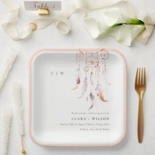 Chic Boho Feather Dreamcatcher Watercolor Wedding Pappteller