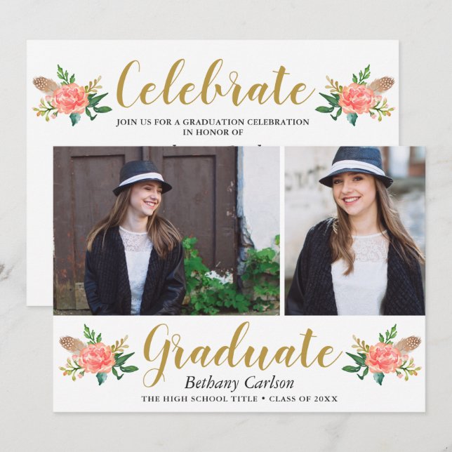 Chic Boho Feathers Floral 2 Foto Graduation Party Einladung (Vorne/Hinten)